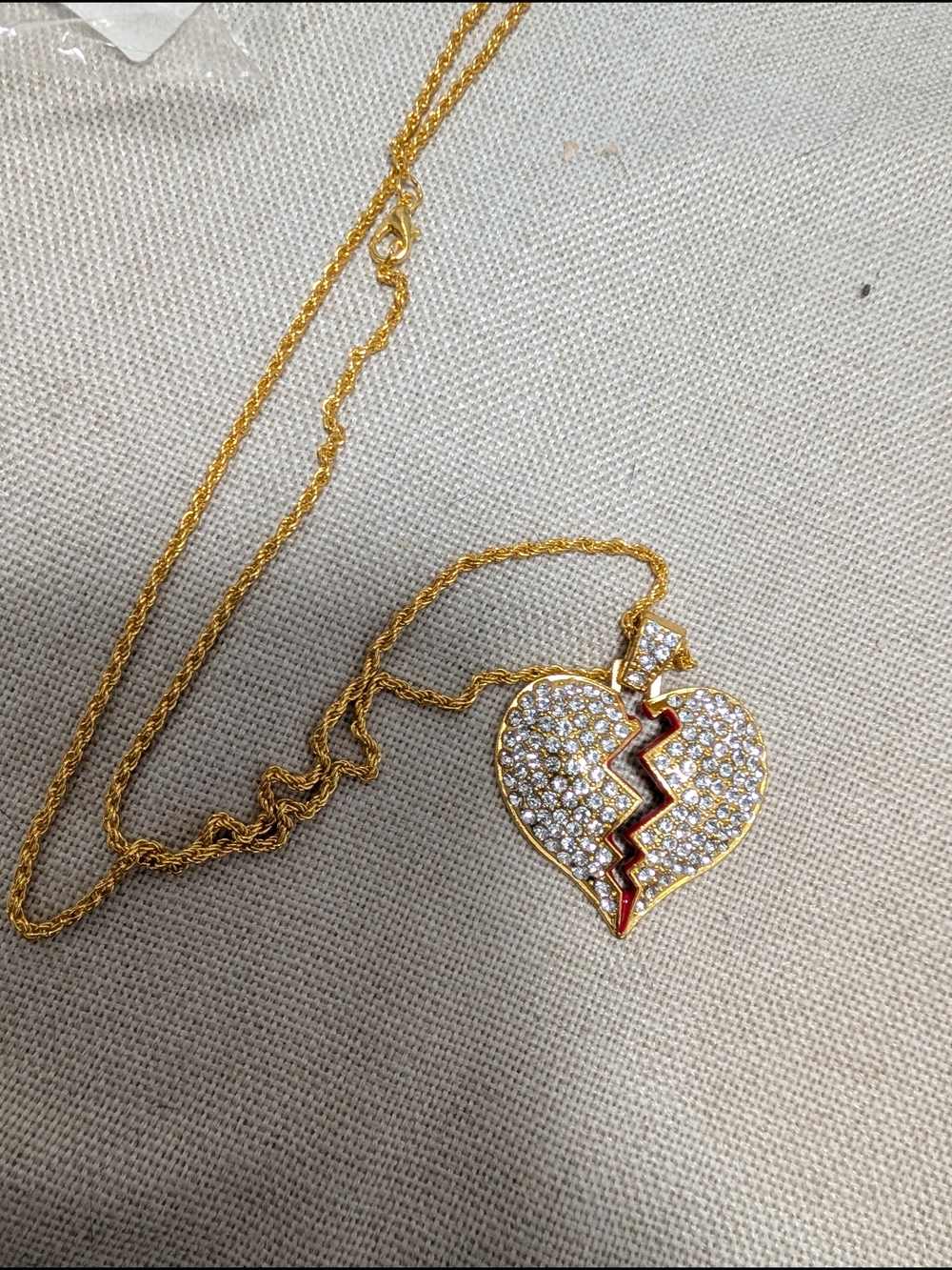 Gold Tone Pave Crystal Broken Heart Pendant Necklace